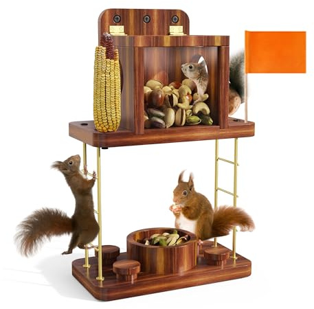 Squirrel Feeders for Outside, Wooden Squirrel House for Outdoors, Hang Squirrels Picnic Table Feeder with Benches, Chipmunk Window Nesting Box for Peanut, Corn, Nut (Brown)