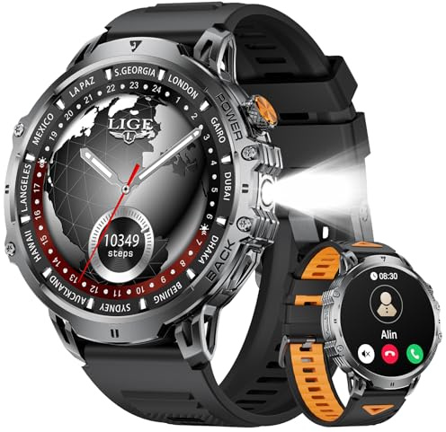 LIGE Military Smartwatch for Men-Bluetooth Calls,1.85Fitness Tracker with 1000mAh Battery/LED Flashlight/Heart Rate/Sleep Monitor,100+Sports Modes,IP68 Waterproof Smart Watch for Android IOS,2 Straps