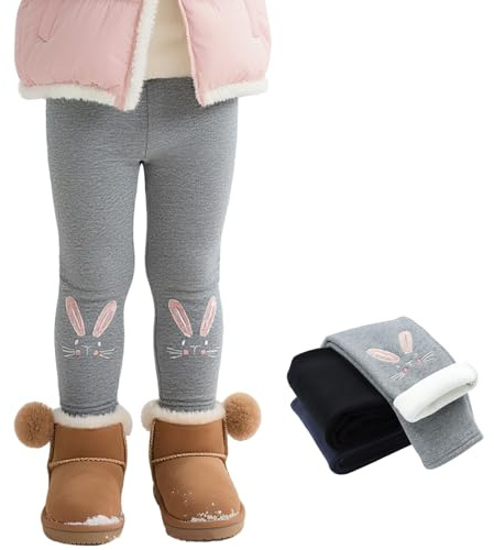 Domueay Leggings Invierno Térmico para Niñas, Algodón Calentitos Mallas con Forro Polar, Suaves Cálido Cintura Alta Largos Pantalon Niños Leggins Invierno Ropa para 5-6 Anos, Gris