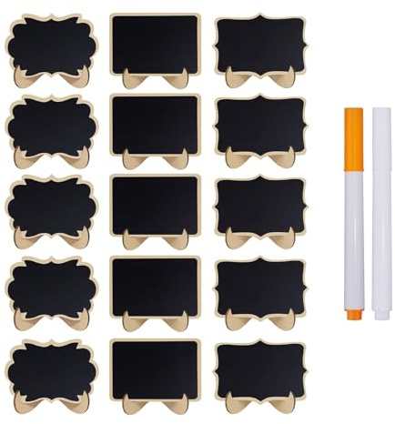 15 Pezzi Lavagnette Cancellabili Piccole in Legno Nero con Supporti + 2 Gesso, Mini Lavagnette per Buffet, Cartellini Prezzi, Lavagna Menu, Lavagnette Segnaposto per Feste, Matrimoni, Bar, Compleanni