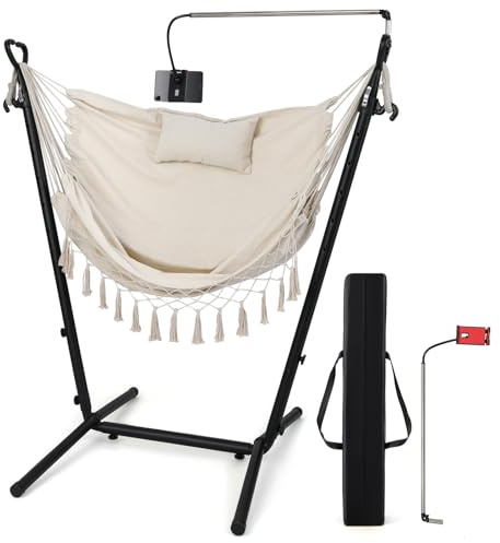 GOPLUS Silla Colgante Exterior con Estructura，Hamaca de Algodón con Soporte para Celular, Altura Ajustable, Columpios Portátil para Jardín, Patio y Dormitorio,Carga 250kg (Beige)