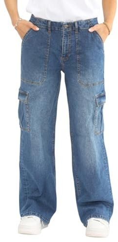 MYT Womens Wide Leg Jeans Ladies Baggy Loose Cargo Pocket High Waisted Stretch Denim Pants Mid Stonewash Blue 12 Regular