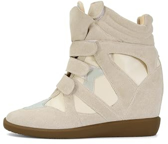 WJZDSJCO Wedge Sneakers for Women Heels Suede Hook and Loop Beige High Heel Platform Tennis Round Toe Triple Strappy Band Casual Vintage Fashion Dressy Comfy Campus Trendy Retro