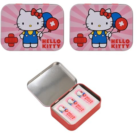 TAKE CARE | Boîtes de pansements Hello Kitty | Motifs différents, colorés & amusants | Boîte métallique pratique & réutilisable | Lot de 3x 24 pansements