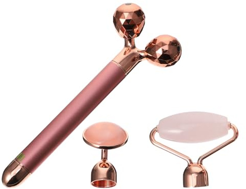 Hohopeti Rouleau de Jade Électrique Visage Multifonction en Cristal Naturel Bâton de Massage, Kit de Rouleaux Facial en Pierre de Quartz Rose, Couleur Rose Doré, Soins Anti-Âge pour Peau