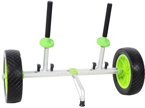 Sit-On-Top Kayak Cart, Adjustable Aluminum Kayak Dolly with 10-Inch PU Wheels, Foldable & Detachable Trolley for Fishing Kayaks, Canoes, and Sit-On-Top Kayaks with Scupper Holes (12 inch-Green)
