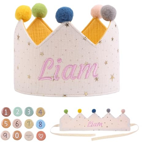 Lam Hub Fong Corona de Cumpleaños Personalizada para Niños - Gorro de Fiesta de Tela con Nombre y Chapas de números Ajustable Reutilizable para Cumpleaños y Fotos (Style 6)