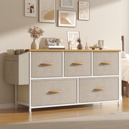 Feonase Fabric 5 Drawer Storage Cabinet with Side Pocket – Wide Dresser Chest for Bedroom, Hallway, Nursery & Closet, Metal Frame & Wood Top, Lightweight Storage Unit Khaki