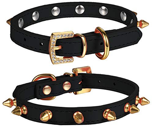 LOVPE One Row Golden Spiked Studded Leather Dog Collar/Cat Collar with Golden Rhinestone Buckle for Small Dog/Cat Puppy Kitty (Black, XS)