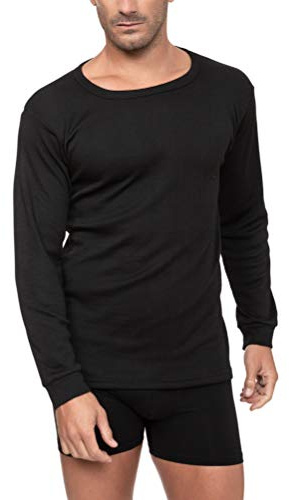 Camiseta Interior Térmica Algodón Manga Larga Hombre Cuello Redondo Colores Lisos (Negro, XXL)