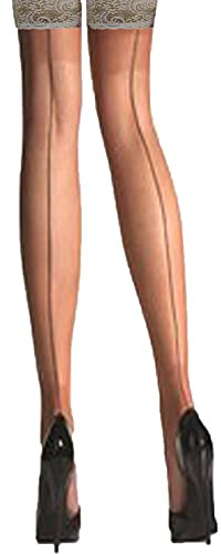 Yummy Bee - Hold Up Stockings Women - Sheer 15 Denier Seamed Stockings - Lace Top Stockings Silicone Band (Nude, M)
