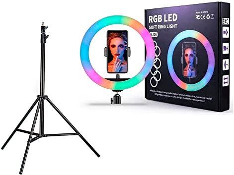 RevolutionLine - Aro de luz de 26 cm de diámetro Led de 9 Colores con Soporte Ajustable | Trípode Ligero más Anillo de luz RGB | Fotografía para Equipos de Estudio, Iluminación, Vídeo, Reflectores