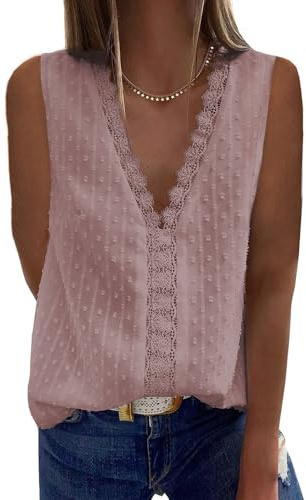 Coloody Femme Tee Shirt Col en V, sans Manches Loisirs D'été Tunique en Dentelle Blouse Amples Caraco Gilet Tops Chemisiers à La Mode-Rose-XL