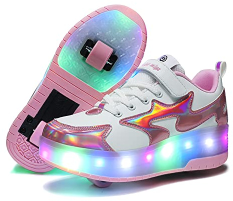 Unisex barn, LED-ljus, skateboardskor med hjul tryckknapp, justerbar inline-skridskor, utomhus, sport, träningsskor, gymnastik, löpning, sneakers för pojkar, flickor, Rosa998 dubbelhjul, 29 EU