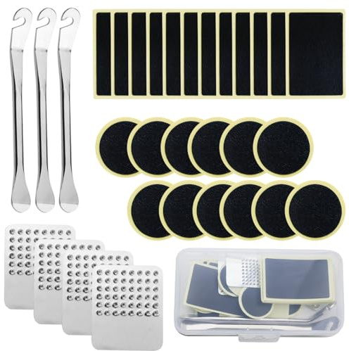 HXMJIED Bike Tyre Repair Kits, 30 Pcs Puncture Repair Kits for Bikes, Bike Tire Glueless Self-Adhesive Patches Puncture Repair Kit, With 4 Pcs Metal Rasps and 2 Pcs Tyre Levers Tool Kit