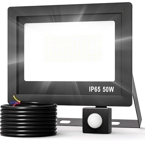 Realky 50W Fari Led da Esterno con Sensore di Movimento, IP65 Impermeabile Faretto Led Esterno 5000LM, 72 LED 6500K Bianca Fredda - Fari Led Interna ed Esterna per Giardino Cortile Garage