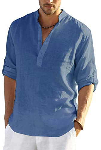 COOFANDY skjorta herr långärmad linneskjorta bomull Henley-skjorta casual normal passform sommarskjorta