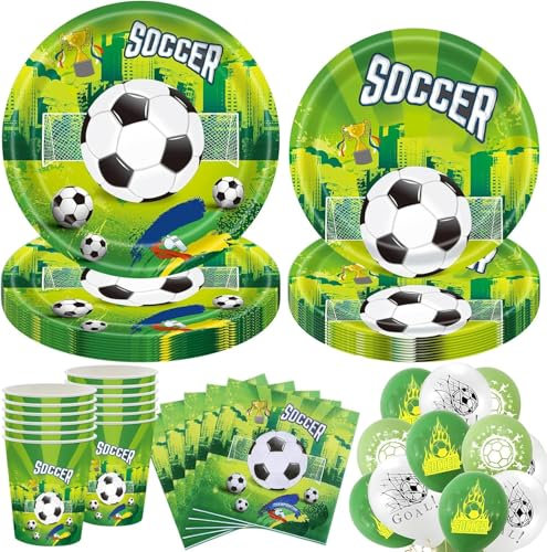 Football Vaisselle Anniversaire, Football Party Set, Football Vaisselle de Fête Assiette Papier Tasse Serviette Paille pour Football Decoration Anniversaire (10 Invités)