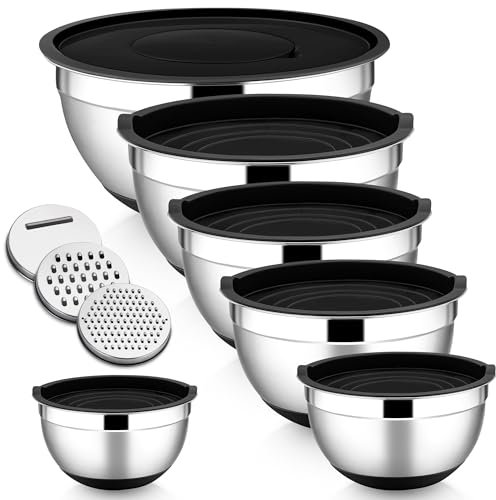 HaWare Rührschüssel 6er Set, Edelstahl Schüssel Salatschüssel Set mit Luftdichtem Deckel & 3 Reibenaufsätzen, 4,6L/2,8L/2,5L/1,6L/1,2L/0,7L, Rutschfester Silikonboden & Spülmaschinenfest, Schwarz