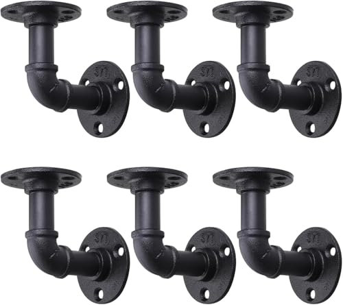 Pack de 6 supports d'étagères en tuyau industriel, supports flottants noirs avec vis, étagères murales en tuyau robustes pour planches de scaffolding à domicile - 10×10 cm
