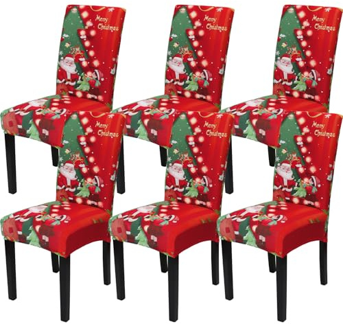 Christmas Chair Covers 6PCS Stretch Christmas Dining Chair Slipcover | with Tree Santa Christmas Chair Protector Covers For Dining Hotel Wedding Holiday Party Decor (Red-Tree)