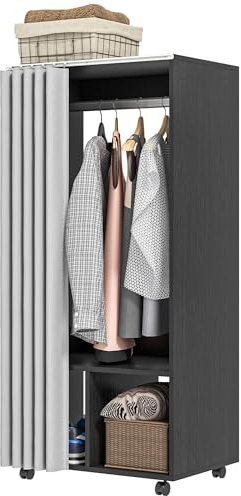 HOMCOM Armoire penderie Mobile Dressing avec Rideau Armoire de Rangement 4 roulettes avec Tringle de Suspension et étagères, penderie vêtement Roulant pour Chambre, 60 x 40 x 128 cm Noir