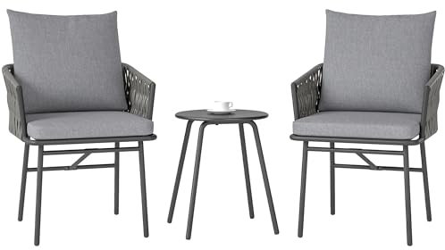 Outsunny 3-TLG. Rattan Bistroset, Sitzgruppe, Gartengarnitur mit 2 Gartensesseln, Couchtisch, abnehmbar Kissen, Balkonmöbel-Set für Garten, Terrasse, Stahl, Grau