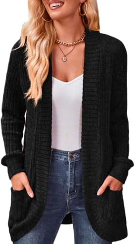 XIVISTO Cardigan à Manches Longues Femme Long Gilet Léger Ouvert Décontracté Tricoté Cardigan Élégant avec Poches Automne Hiver