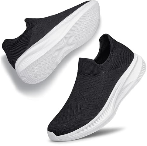 Raoendis Scarpe da ginnastica da donna, senza lacci, da camminata, da donna, comode, traspiranti, in maglia, per jogging, corsa, fitness, Nero e bianco, 40 EU