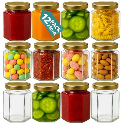Offer Shop Glass Jam Jars with Lids & Labels- 12 Hexagonal 280ml Storage Jars of Quality | Ideal for Kitchen & Pantry Organization for Spice Honey Yogurt | Airtight and Reusable