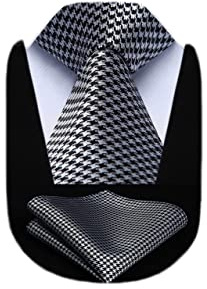 HISDERN Extra Long Polka Dots Tie Handkerchief Men's Necktie & Pocket Square Set, XL, 63 inches length, Silver / Black