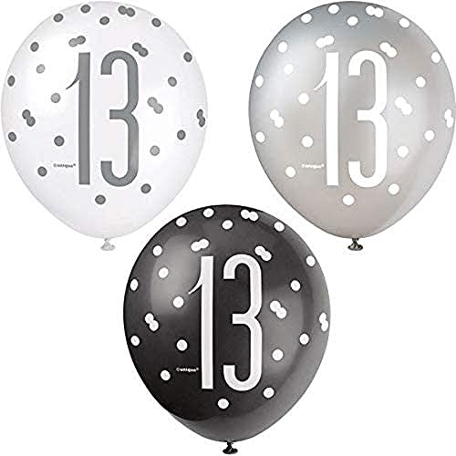 Latex-Luftballons zum 13. Geburtstag - 30 cm - Glitzer Schwarz & Silber Geburtstag - 6er-Packung