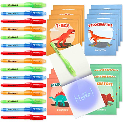 BONNYCO Boligrafo Tinta Invisible y Libreta Dinosaurios, Pack de 16 Regalos Cumpleaños Niños Colegio. Detalles Cumpleaños Niños, Relleno Piñata Infantil. Regalos Alumnos Primaria Fiesta Infantil