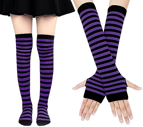 Bienvenu Damensocken, gestreift, kniehoch, Armwärmer, fingerlose Handschuhe, Violett, Einheitsgröße