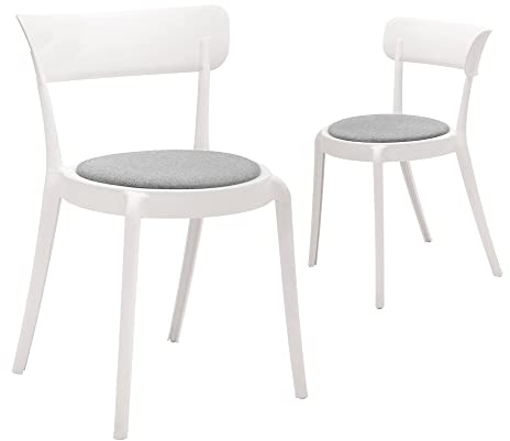 CangLong Armless Bistro Dining Chair-Set of 2, Premium Plastic with Upholstered Seat, White + Grey