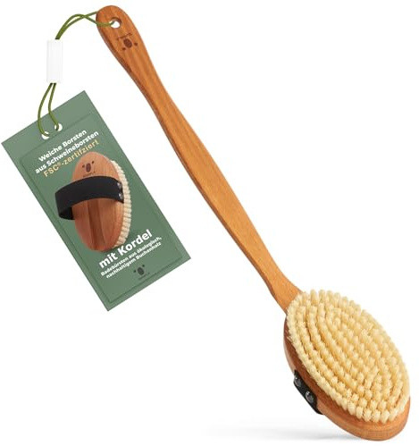 QUOALA Hållbar kroppsborste: Badborste av trä, naturborst (grisborst) och sladd. Kroppsborste, ryggborste med långt handtag, våtborste och torrborste (100 % tysk produktion)