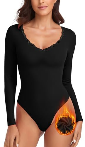 WOWENY Thermo Body Damen Langarm Elegant Langarmbody mit Spitze V-ausschnitt Fleece Bodysuit Warm Bequem Langarmshirt[Schwarz, M]
