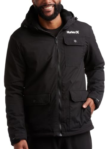 Hurley Mens Winter Jacket - Warm Zip Up Hooded Parka Sherpa Lined Jackets For Men with Multiple Pockets (Sizes S-XL), Size Medium, Black