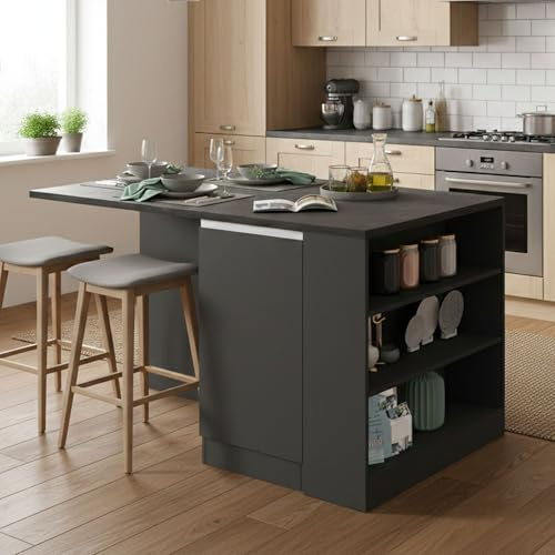 Dmora - Isola da cucina Osvaldo, Armadio multiuso, Mobile per cucinotto, Tavolo ausiliario, 100% Made in Italy, 160x90h90 cm, Antracite e Ardesia