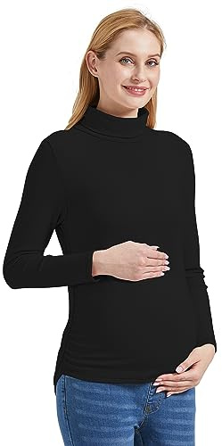 Foucome Maternity Turtleneck Long Sleeve Shirts Fleece Lined Basic Layering Stretch Soft Thermal Underwear Tops for Pregnant Women (Black, L)