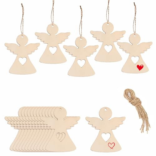 YIEUR 40 Stück Weihnachtsanhänger Holz Engel, 8cm Holzscheiben Anhänger Weihnachten mit Bindeschnur, Schutzengel Weihnachts Deko Weihnachtsbaum für Tannenbaum Fensterschmuck (Nature Engel)