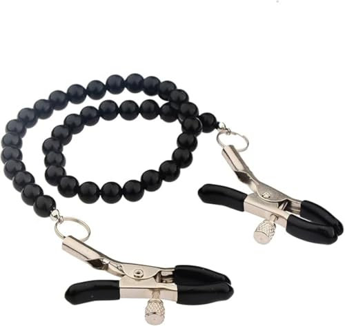 Lxjily Nipple Clamp Adjustable Pressure Pearl Body Chains Necklace 316L Stainless Steel Nipple Clips Non Piercing Body Jewelry for Women Men Faux Body Jewelry (Black)