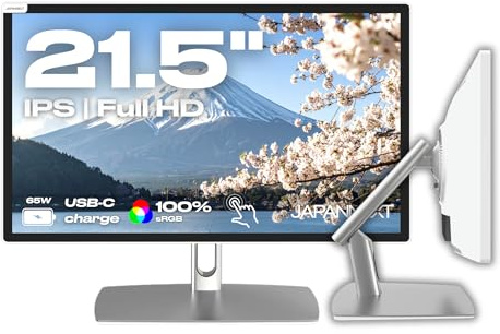 JapanNext Touchscreen Monitor Weiß 21.5 IPS Full HD (1920x1080) mit Gelenkarm | HDR | Aufladen über USB-C(65W) Höhen- und Neigungsverstellbar (HSP) | G-Sync/FreeSync | JN-IPS2152FHDR-C65W-FLD-T