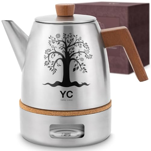 YC Yang Chai Teekanne mit Stövchen (1,3L) - Teekanne mit Sieb aus rostfreiem 304 Edelstahl - Tee Kanne Edelstahl mit Eichenholz Griffen - Langanhaltende Wärme - 100% Tropffrei Teebereiter