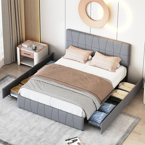 JYNVO Dubbelsäng 160 x 200 med 4 förvaringslådor, stoppad säng med höjdjusterbar sänggavel, förvaringssäng med ribbotten och metallram, modern ungdomssäng, av grå sammet
