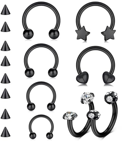 AVYRING 16 g rostfritt stål septum piercing smyckesset, hästsko näsa ringar (6/8/10/12 mm) och piercingbollar i guld, silver, svart – stjärna, hjärta, zirkondesign för män och kvinnor