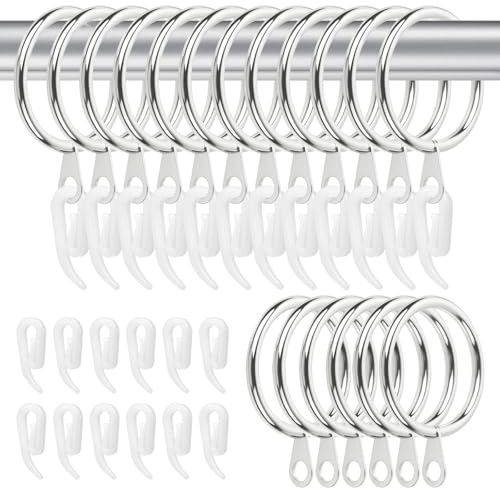 24 Pack Curtain Rings and Hooks, 30mm Metal Drapery Hanging Rings & 24pcs Curtain Hooks Plastic White for Curtains and Rods, Drape Sliding Eyelet Rings(Silver, 24 Pack)