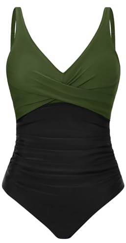 CMTOP Bañadores Mujer Reductores Push Up Cuello en V Acolchado Traje de Baño Una Pieza Vientre Plano Ropa de Baño Control de Barriga Playa Trajes Cintura Alta Pliegues Monokini(Verde,M)