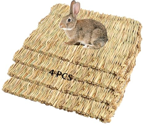 PINVNBY Straw Mats for Rabbits,11.0x8.3 Natural Bunny Grass Mat,Handwoven Rabbit Hay Mat Small Animal Bedding Chewable & Cooling Mat - Eco-Friendly Cage Liner Nesting Toy(4 PCS)