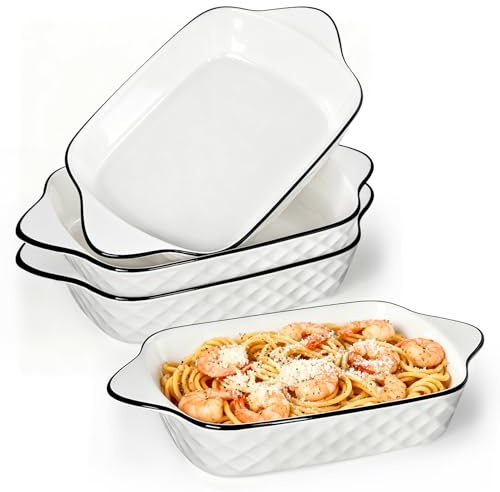 4 Pack Lasagna Baking Dish Set, Ceramic Rectangular Dishes with Heat-Resistant Handles Hioph, Oven Safe& Microwave Safe, Diamond Pattern